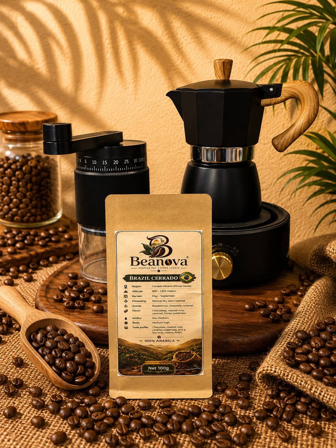 Beanova Brazil Cerrado coffee bag with a hand grinder and moka pot