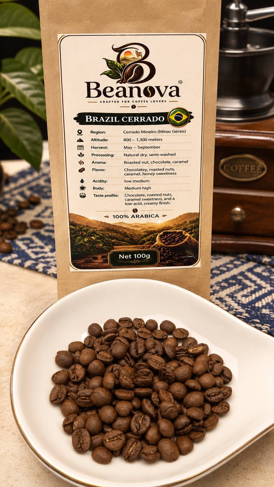 Beanova Brazil Cerrado coffee bag with roasted beans